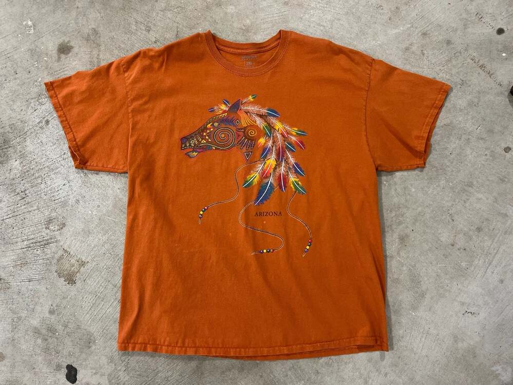 Vintage Sportex Apparel Arizona Horse Feather Graphic Orange T-Shirt 2XL